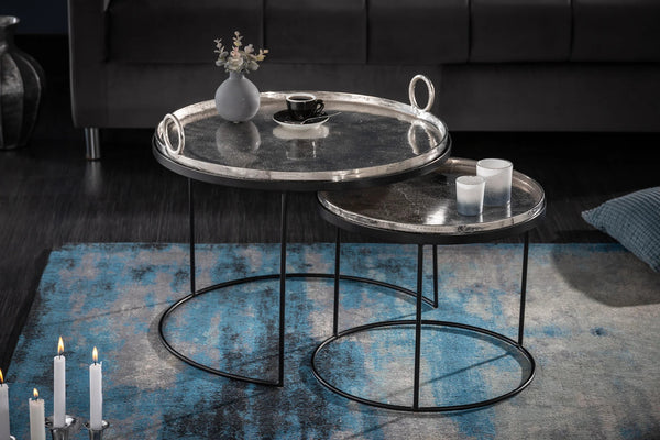 Set Of 2 Round Side Tables Elements Orient 39cm/45cm Metal Silver