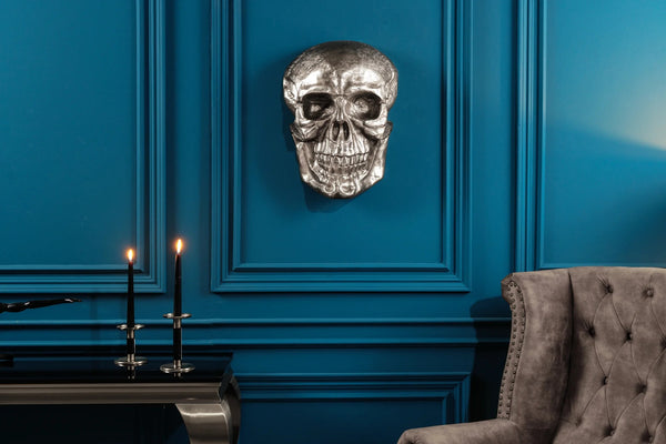 Wall Sculpture Skull 40cm Metal Silver