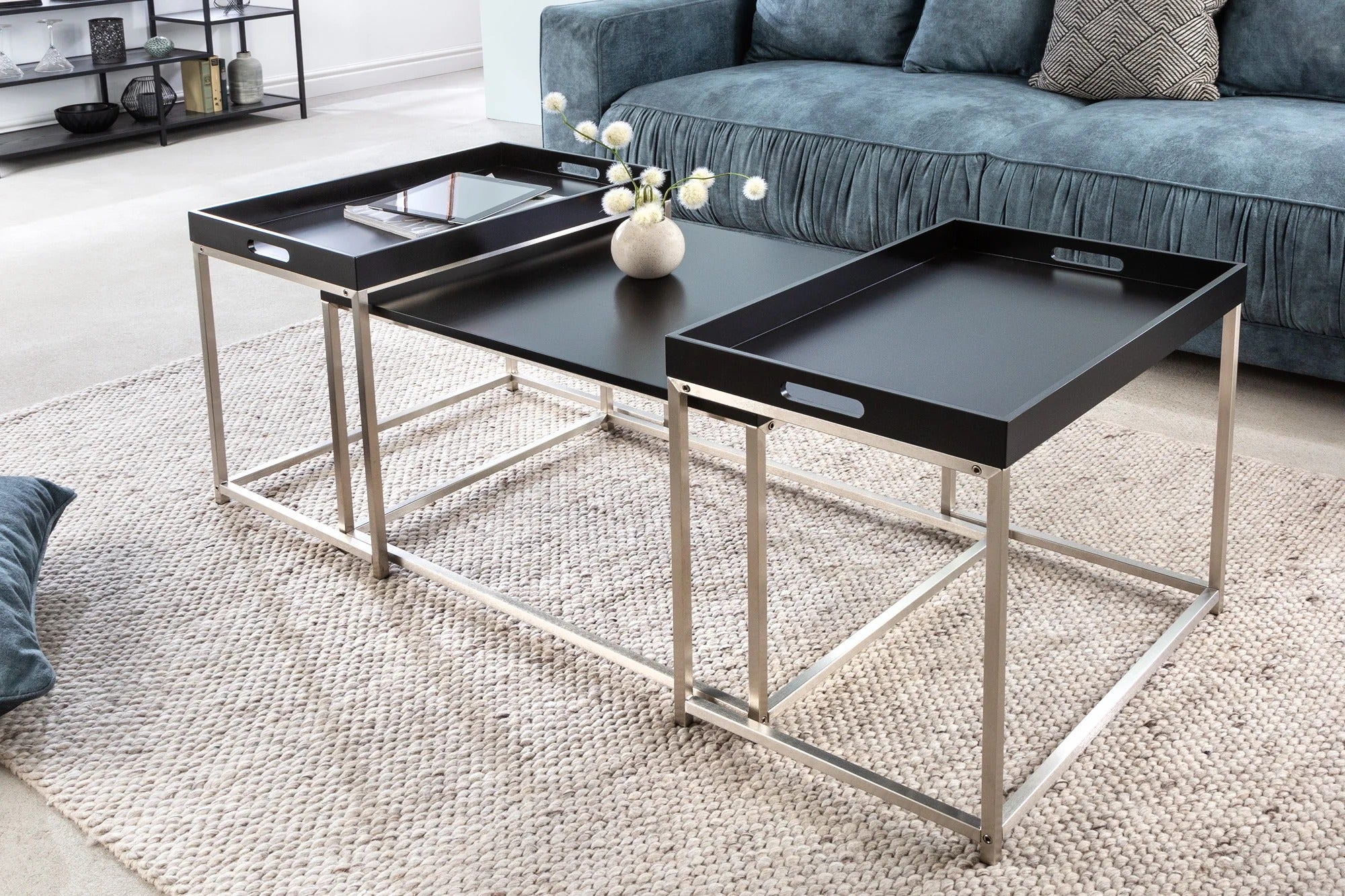 Set Of Three Nesting Coffee Tables Elements 60cm/60cm/75cm Black With Tray