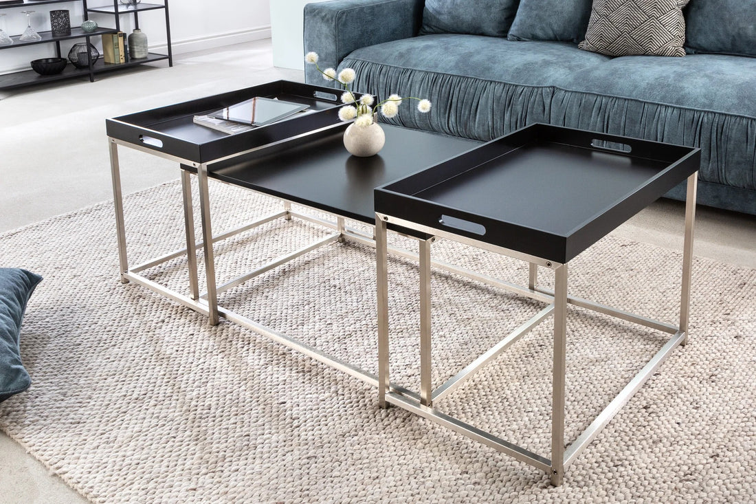 Set Of Three Nesting Coffee Tables Elements 60cm/60cm/75cm Black With Tray