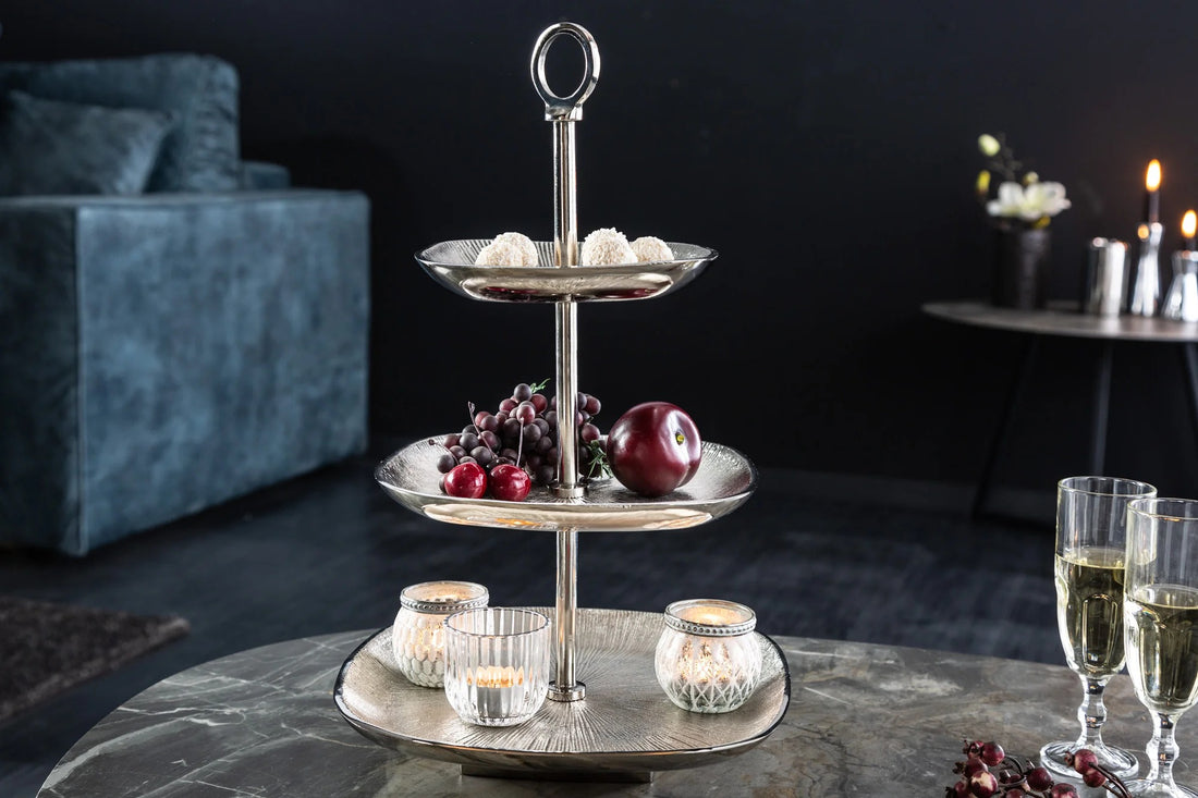 Three Tier Cake Stand Orient 44cm Vintage Metal Silver