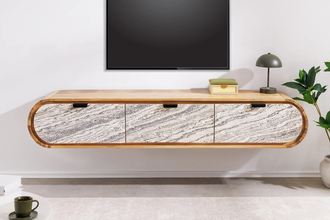 Floating TV Stand Leno 160cm Acacia Wood Natural Stone Veneer