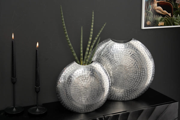 Set Of 2 Vases Oriental 30cm/40cm Metal Silver