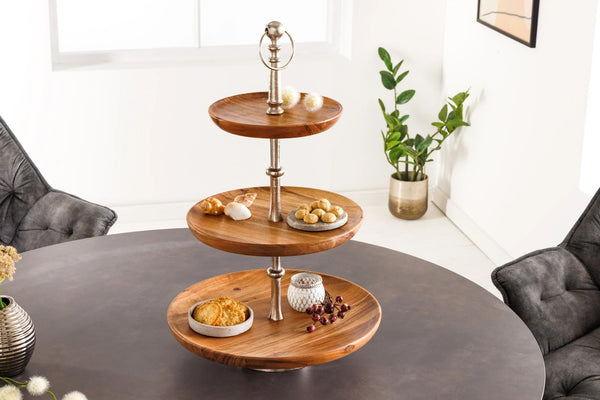 Three Tier Cake Stand Pure Nature 60cm Acacia Wood Silver