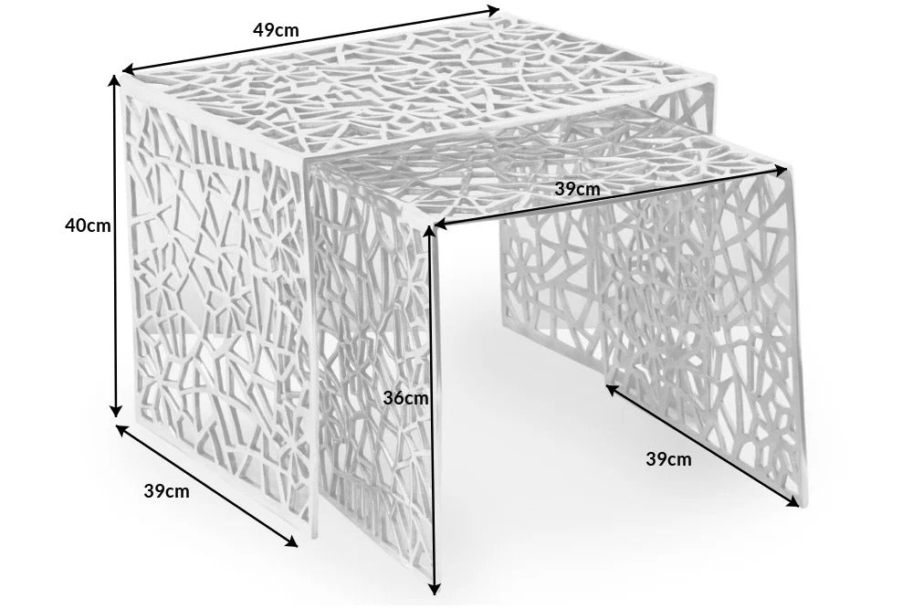 Set Of 2 Nesting Coffee Tables Abstract 39cm/49cm Metal Silver