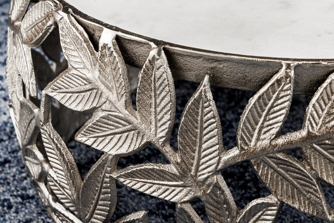 Set Of Two Round Nesting Coffee Tables Abstract Leaf 54cm/68cm Metal Silver Marble White