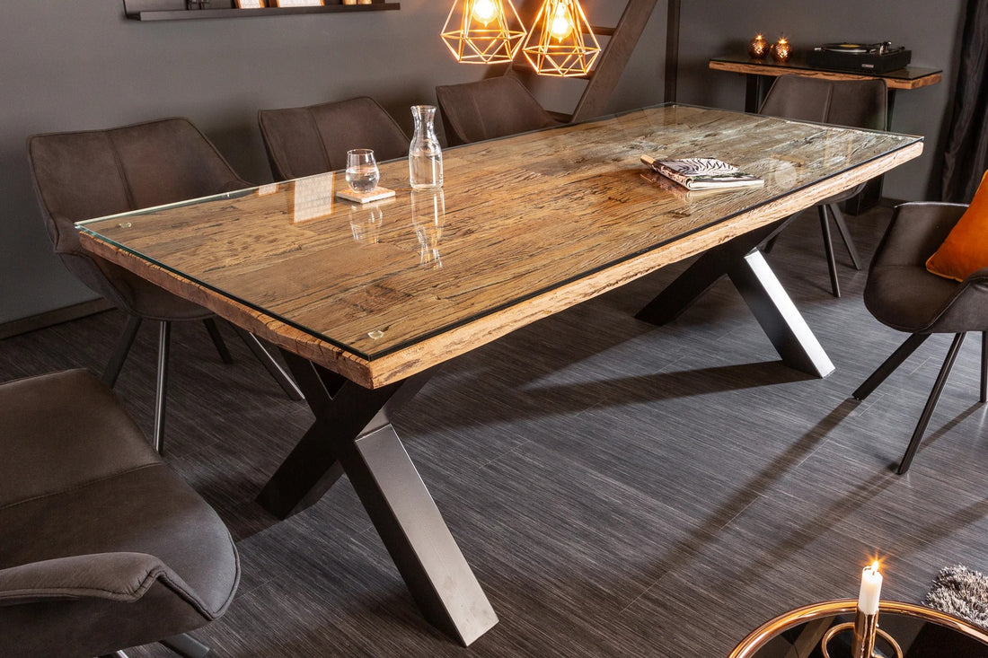 Dining Table Barracuda 220cm Recycled Teak Wood Brown X-Frame With Glass Top