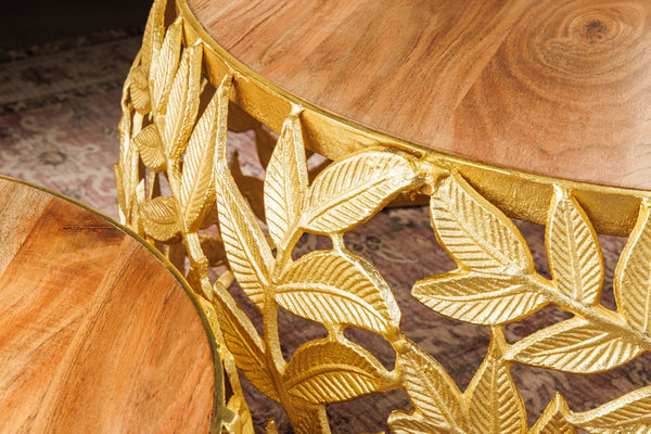 Set Of 2 Round Nesting Coffee Tables Abstract Leaf 54cm/68cm Metal Gold