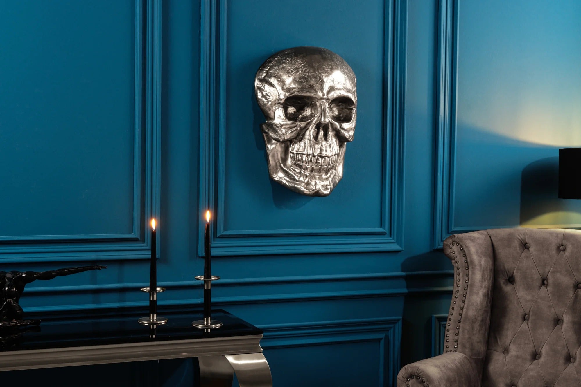 Wall Sculpture Skull 40cm Metal Silver