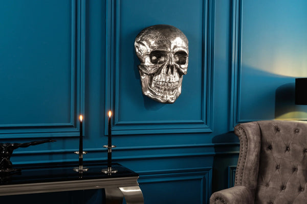 Wall Sculpture Skull 40cm Metal Silver