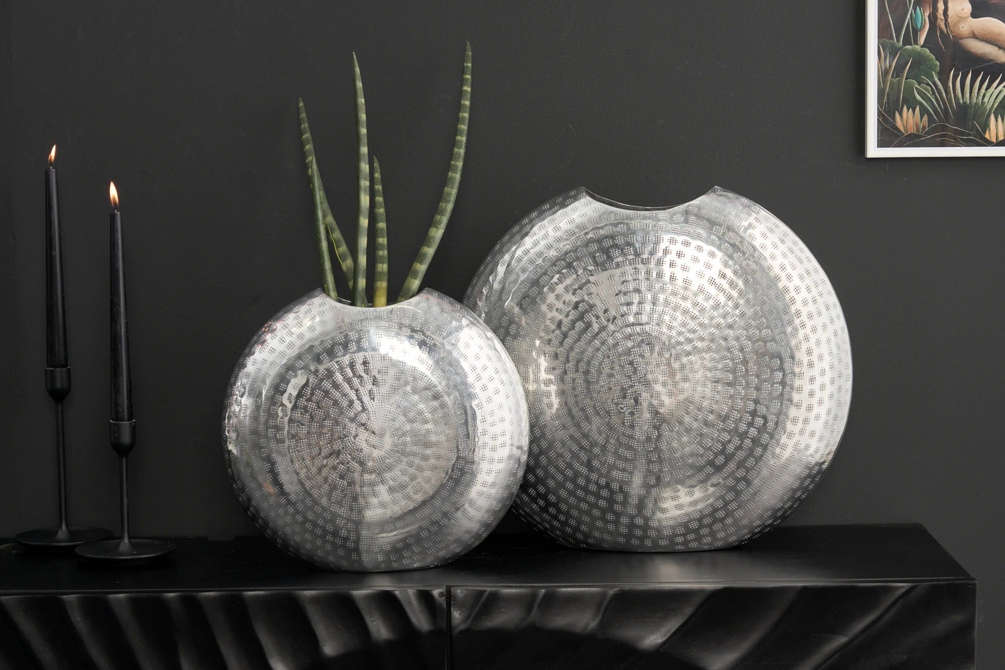 Set Of 2 Vases Oriental 30cm/40cm Metal Silver