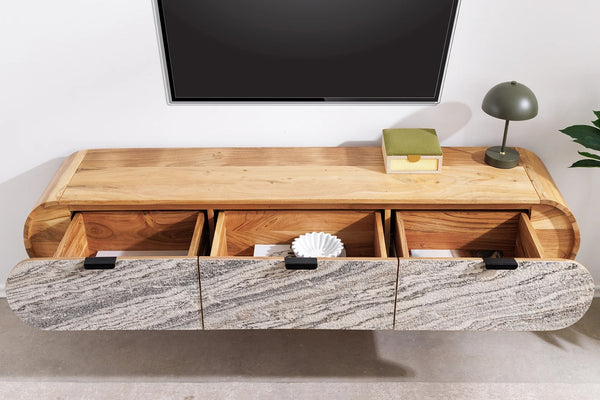 Floating TV Stand Leno 160cm Acacia Wood Natural Stone Veneer