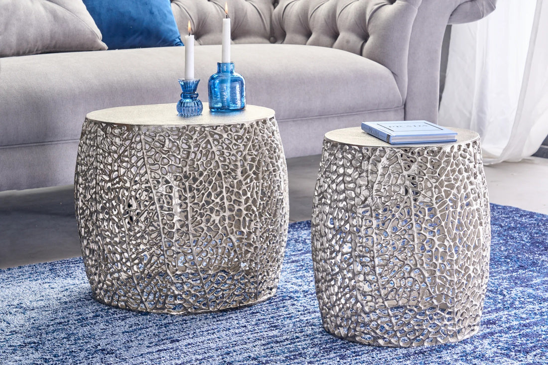 Set Of Two Round Nesting Coffee Tables Ambrosia 35cm/45cm Metal Silver