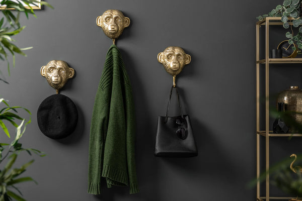 Set Of 3 Coat Hooks Three Apes 25cm Metal Gold