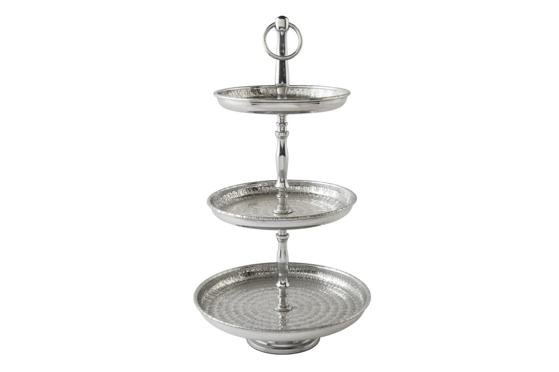 Three Tier Cake Stand Orient 47x26cm Hammered Metal Silver
