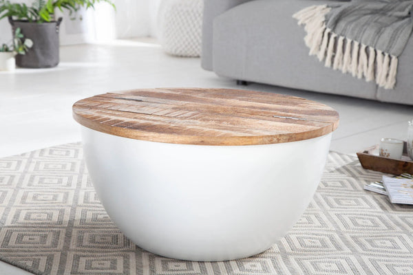 Round Coffee Table Industrial Storage 70cm Mango Wood White