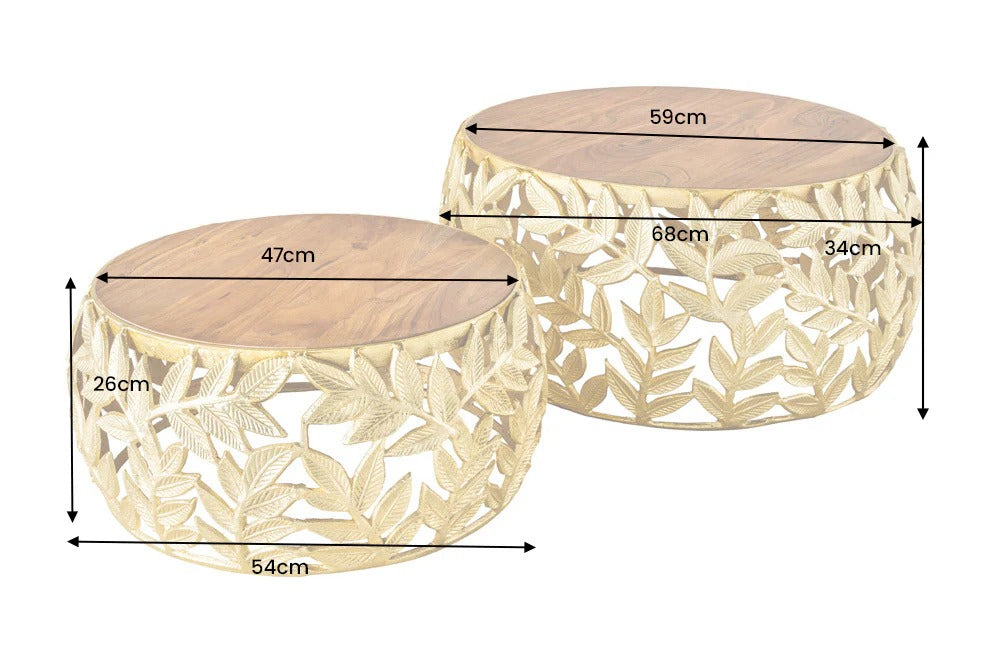Set Of 2 Round Nesting Coffee Tables Abstract Leaf 54cm/68cm Metal Gold