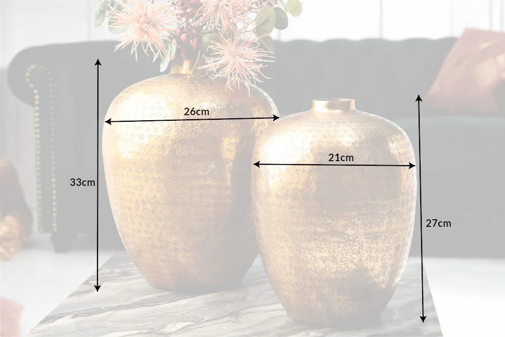 Set Of 2 Vases Oriental 27cm/33cm Metal Gold