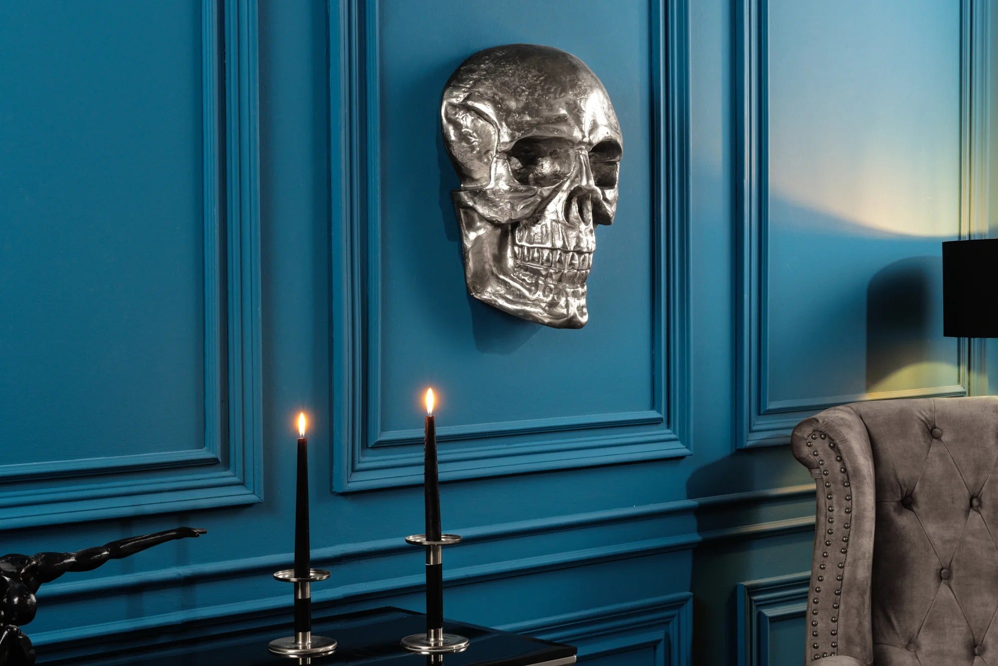Wall Sculpture Skull 40cm Metal Silver