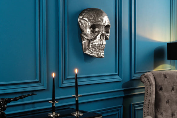 Wall Sculpture Skull 40cm Metal Silver