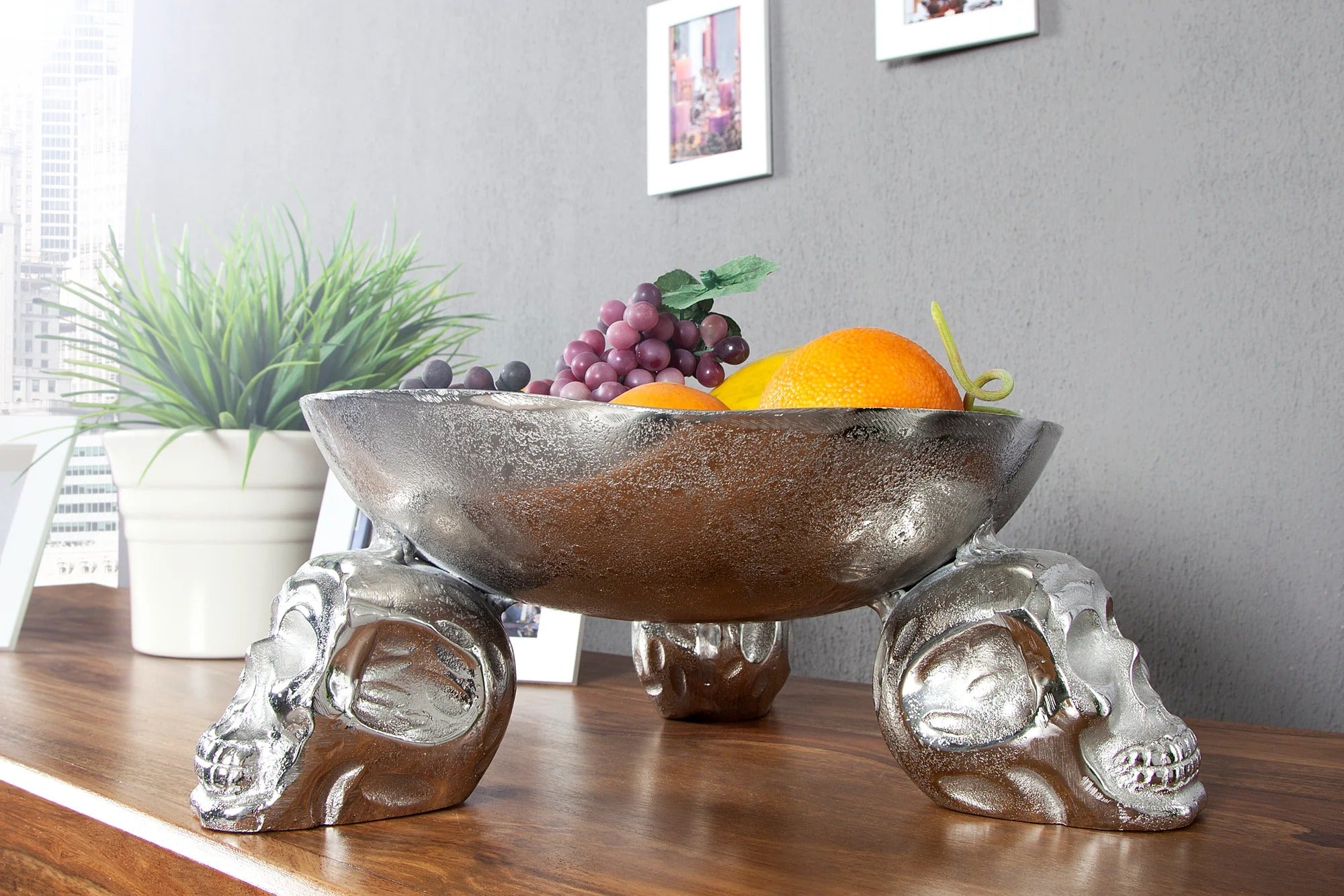 Fruit Bowl Skull 35cm Metal Silver