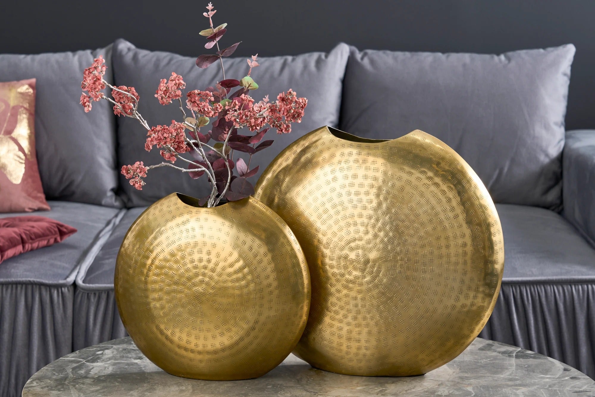 Set Of 2 Vases Oriental 30cm/40cm Metal Gold