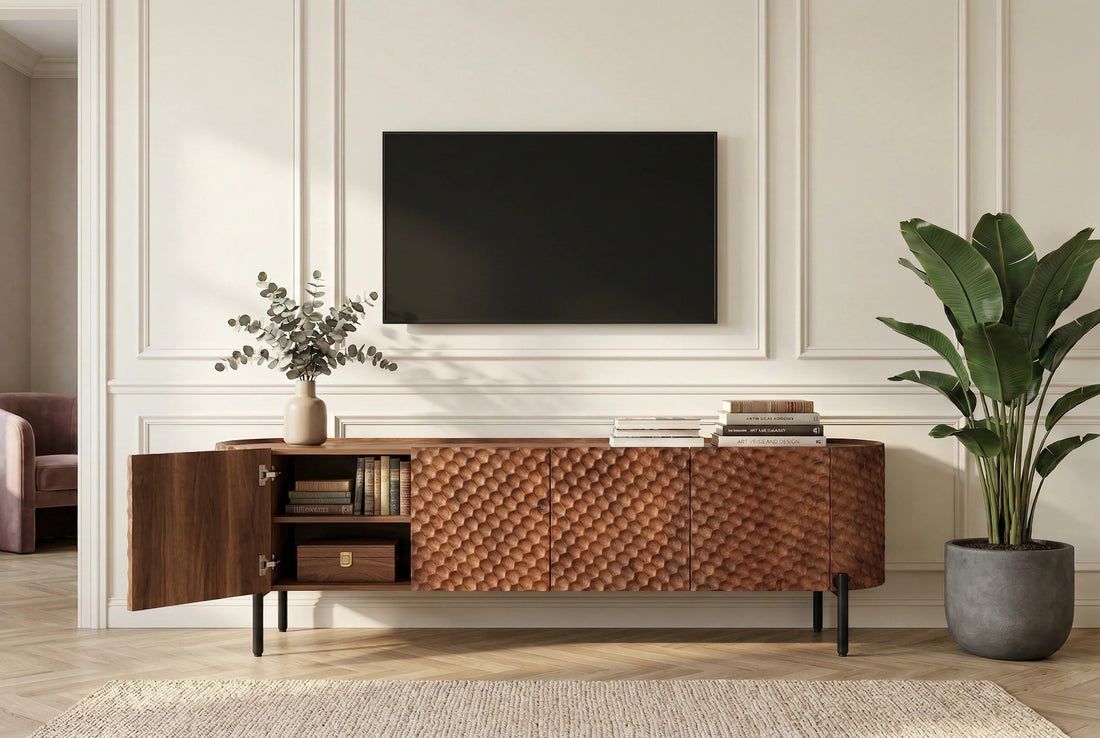 TV Stand Adlon 200cm Mango Wood Brown 3D Effect