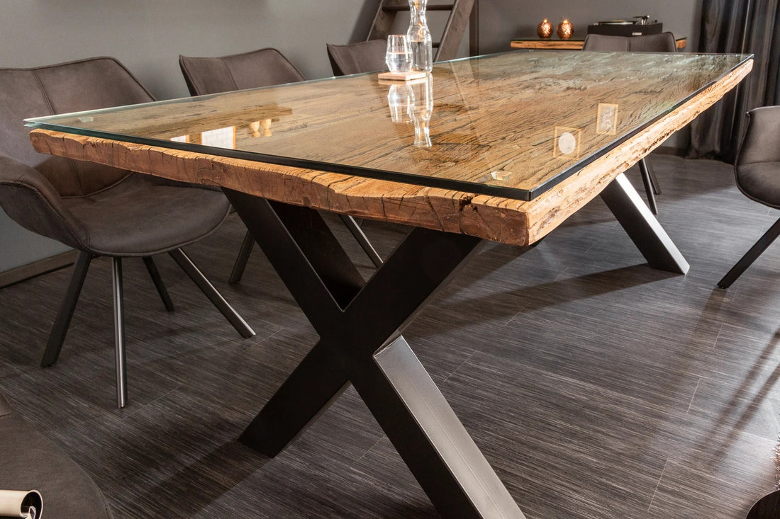 Dining Table Barracuda 220cm Recycled Teak Wood Brown X-Frame With Glass Top