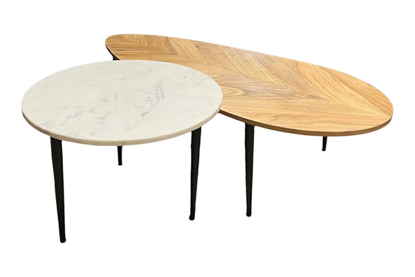Set Of Two Coffee Tables Adlon 50cm/110cm Acacia Wood Natural Marble White
