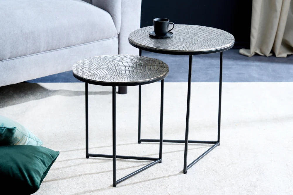 Set Of 2 Round Nesting Coffee Tables Croco 35cm/40cm Metal Silver