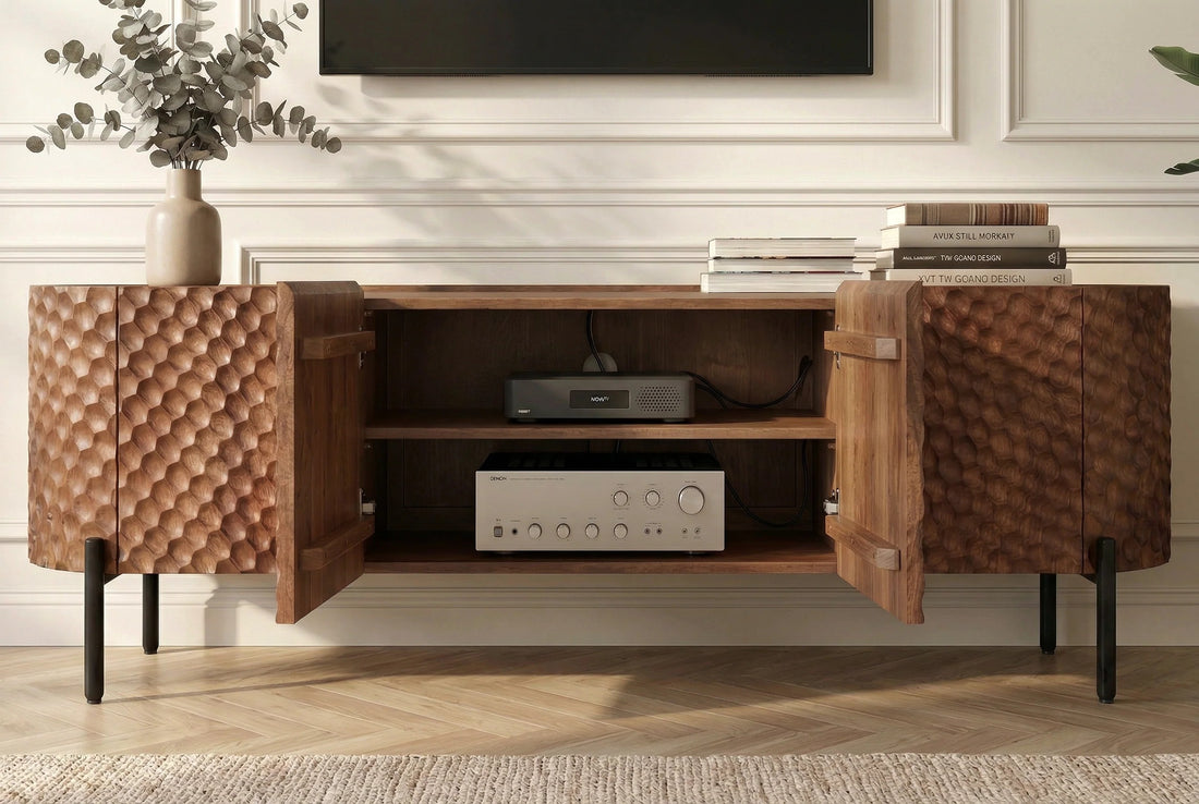 TV Stand Adlon 200cm Mango Wood Brown 3D Effect