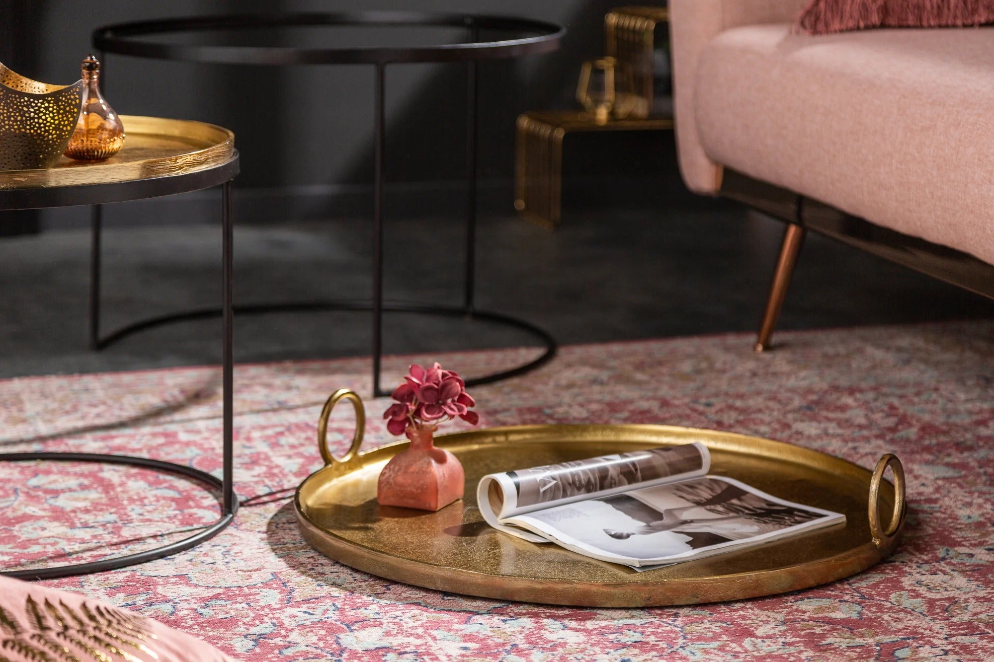Set Of 2 Round Side Tables Elements Orient 39cm/45cm Metal Gold