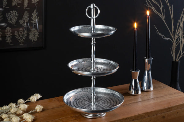 Three Tier Cake Stand Orient 47x26cm Hammered Metal Silver