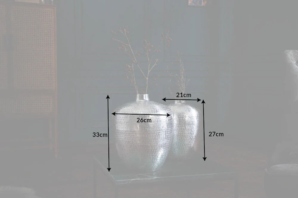 Set Of 2 Vases Oriental 27cm/33cm Metal Silver