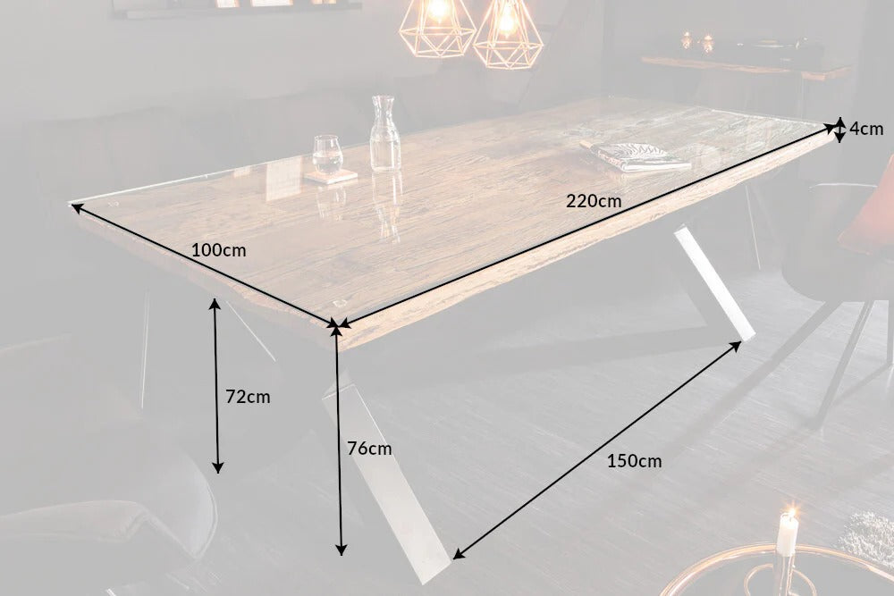 Dining Table Barracuda 220cm Recycled Teak Wood Brown X-Frame With Glass Top