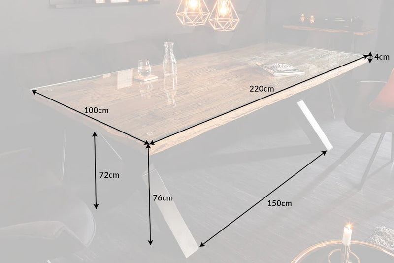 Dining Table Barracuda 220cm Recycled Teak Wood Brown X-Frame With Gla