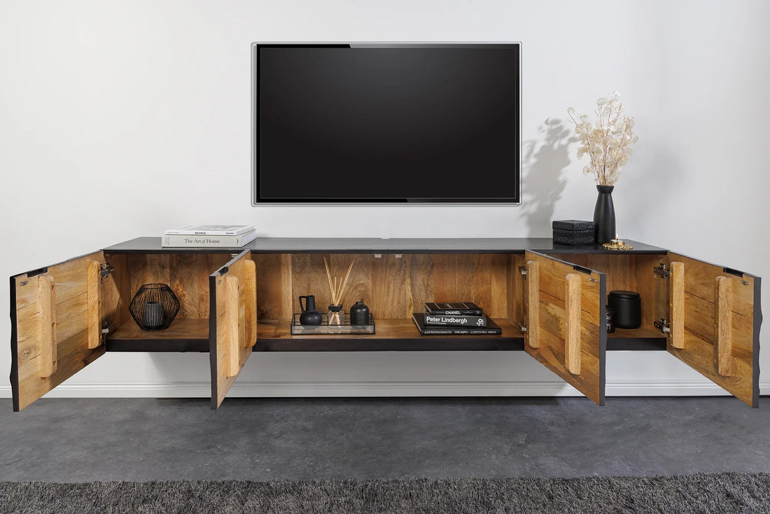 Floating TV Stand Fossil 200cm Mango Wood Black