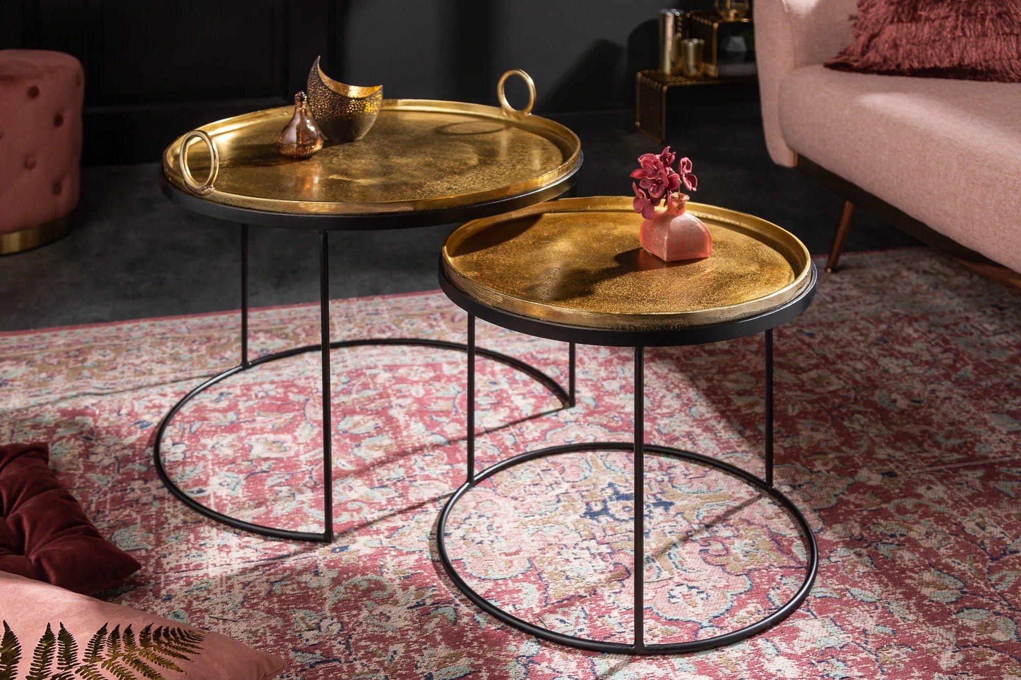 Set Of 2 Round Side Tables Elements Orient 39cm/45cm Metal Gold