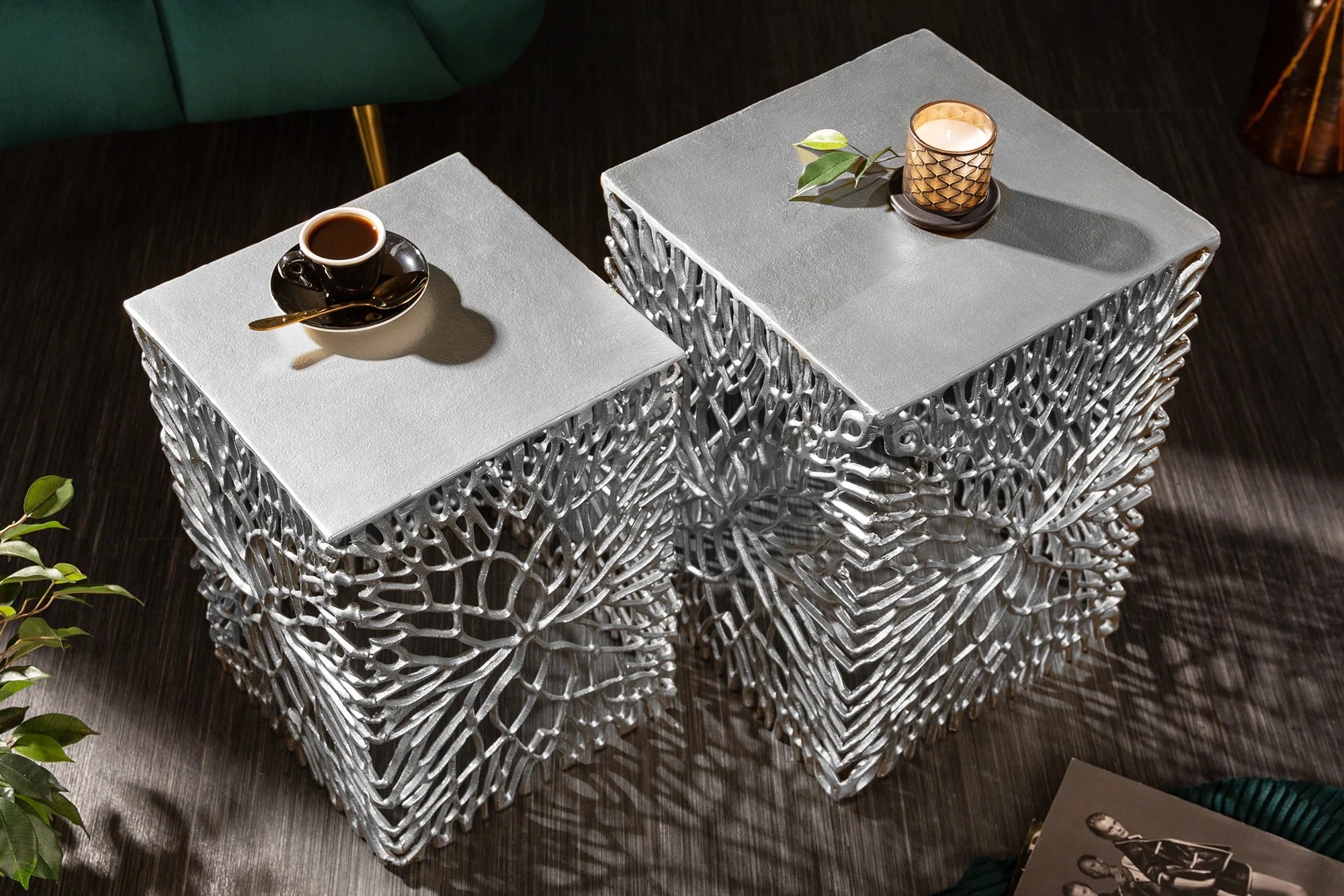 Set Of 2 Side Tables Ambrosia 40cm/45cm Metal Silver
