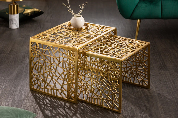 Set Of 2 Nesting Coffee Tables Abstract 39cm/50cm Metal Gold