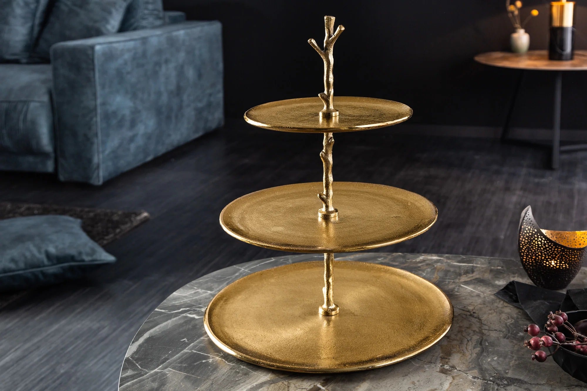 Three Tier Cake Stand Abstract 48cm Metal Gold