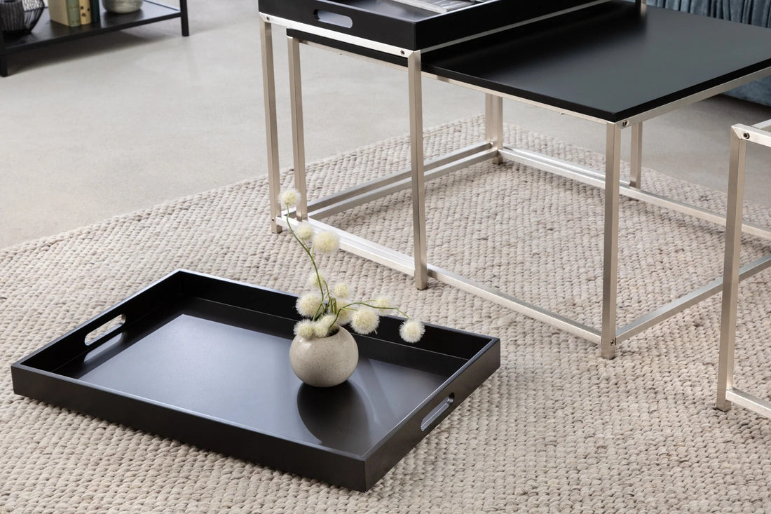 Set Of Three Nesting Coffee Tables Elements 60cm/60cm/75cm Black With Tray