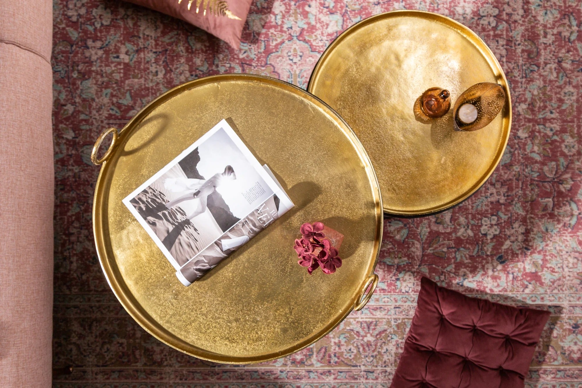 Set Of 2 Round Side Tables Elements Orient 39cm/45cm Metal Gold