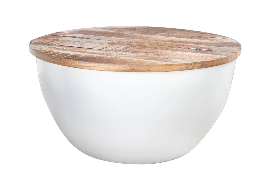Round Coffee Table Industrial Storage 70cm Mango Wood White