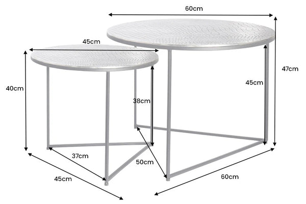 Set Of 2 Round Nesting Coffee Tables Croco 45cm/60cm Metal Silver