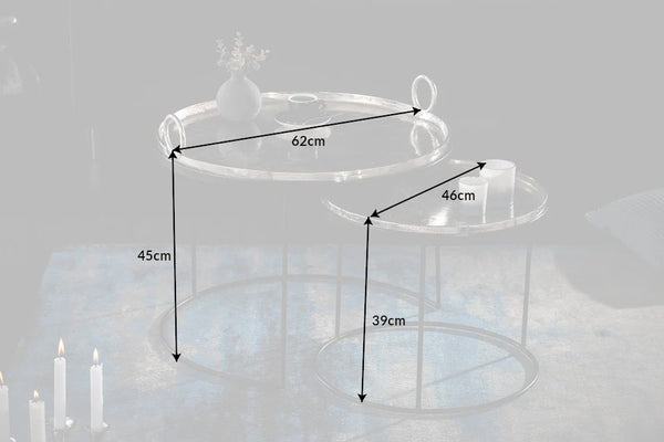 Set Of 2 Round Side Tables Elements Orient 39cm/45cm Metal Silver