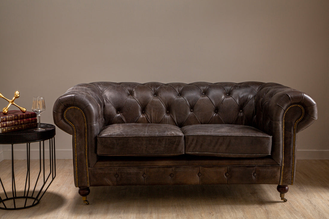 Two Seat Sofa Victorious Dark Grey Leather Walnut Legs