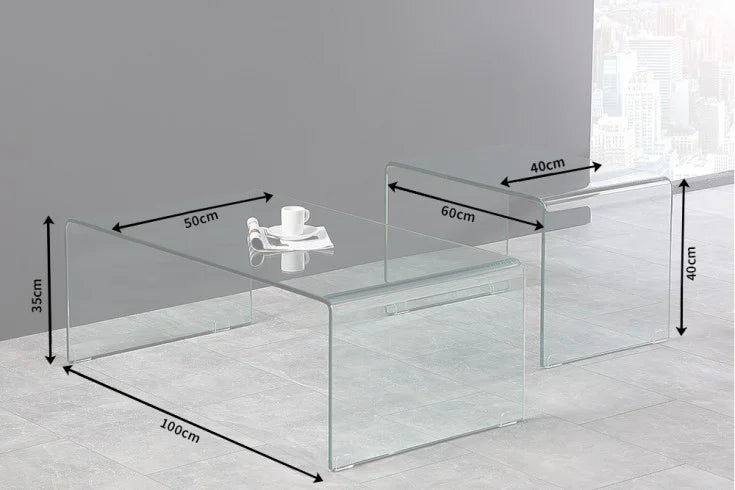 Set Of Two Nesting Coffee Tables Quartz 60cm/100cm Glass
