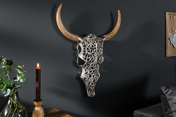 Decorative Skull Exotic Bull 57cm Metal Silver Mango Wood Natural