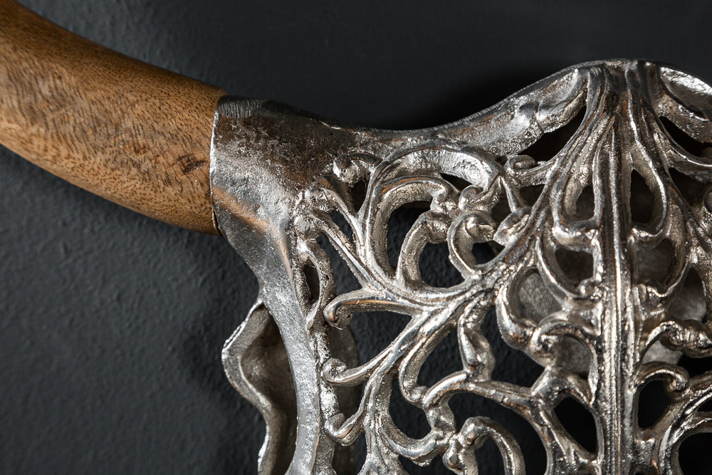 Decorative Skull Exotic Bull 57cm Metal Silver Mango Wood Natural